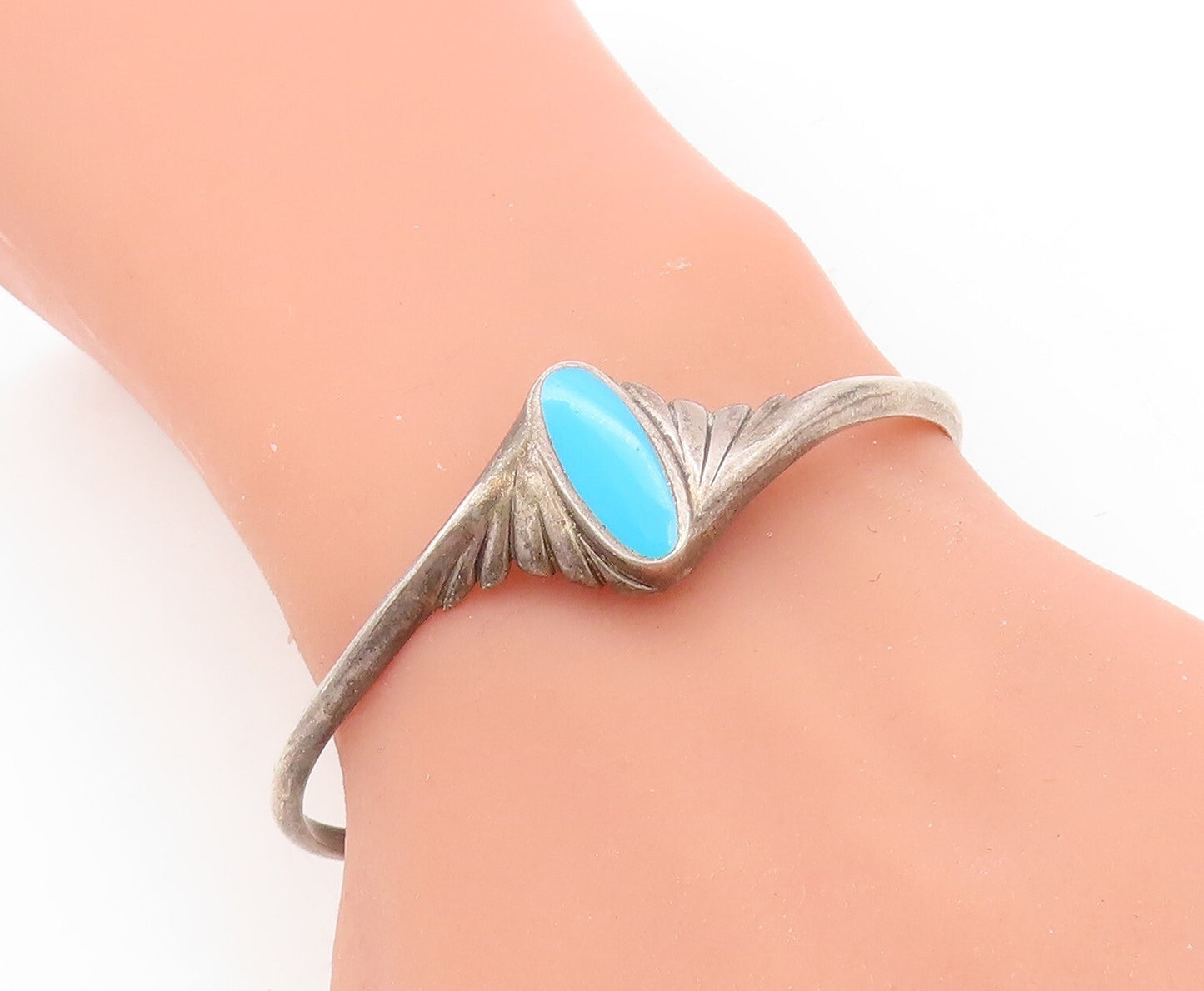 925 Sterling Silver Vintage Bracelet Oval Larimar Swirly Etched Cuff  BT10974
