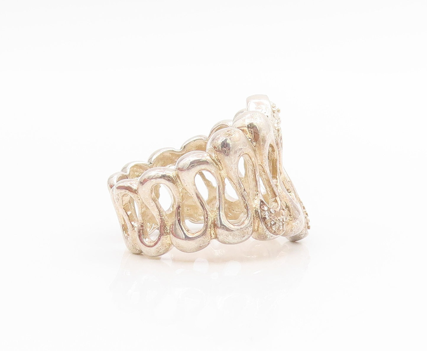 925 Sterling Silver Vintage Ring Real Diamonds Modernist Wave  Sz 9.5  RG34476