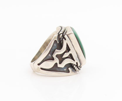925 Sterling Silver Vintage Ring Green Gemstone Chunky Carved Band Sz 8 RG34831