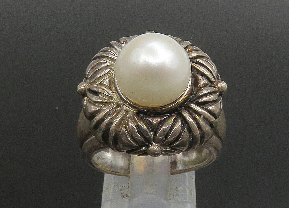925 Sterling Silver   Vintage Cultured Pearl Floral Cocktail Ring Sz 8 RG23372