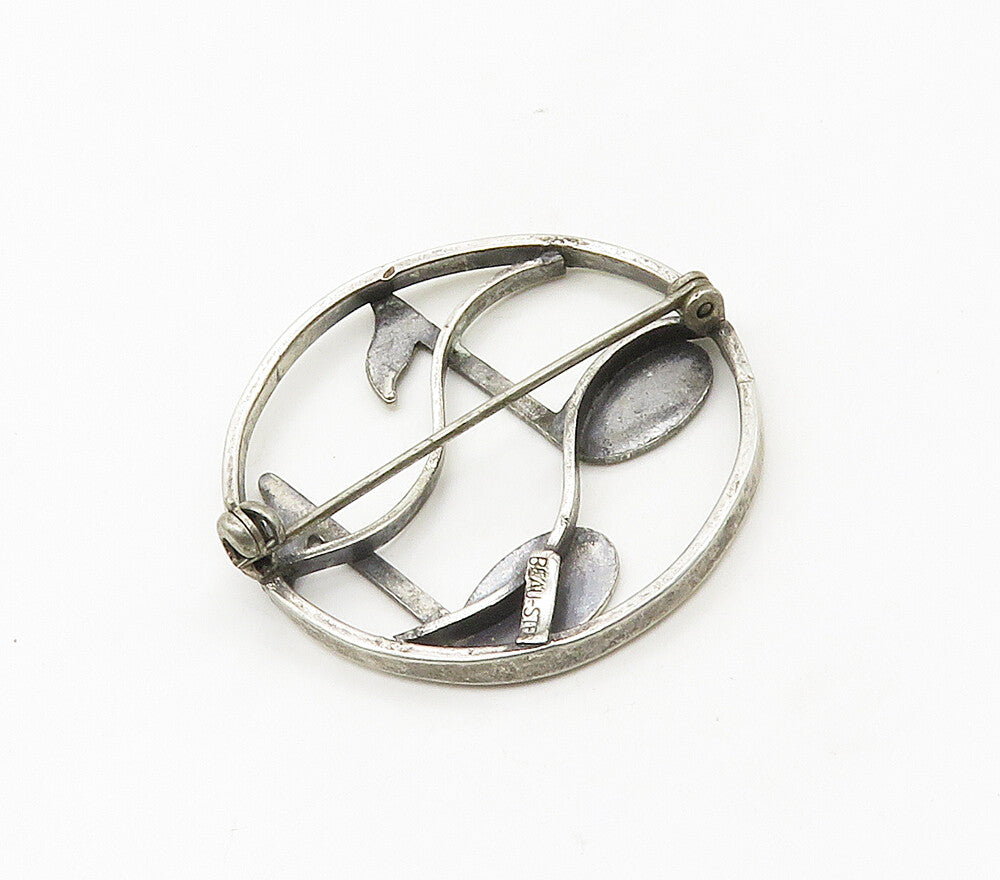 BEAU 925 Sterling Silver   Vintage Music Notes Round Smooth Brooch Pin  BP6616