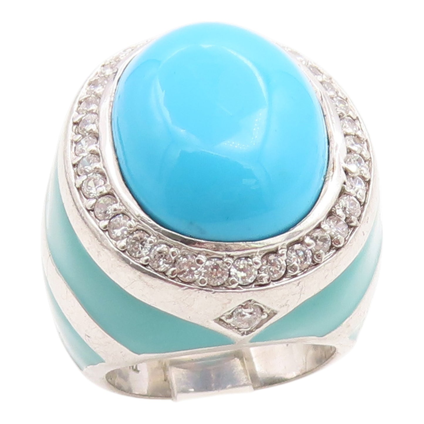 925 Sterling Silver Vintage Ring Large Turquoise & CZ Dome Band  Sz 6  RG35554