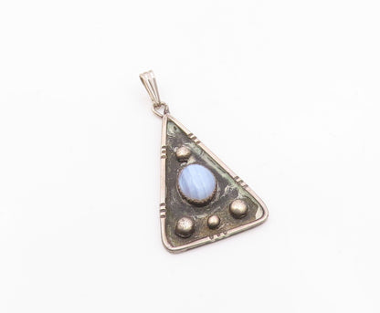 925 Sterling Silver Vintage Triangular Plate Beaded Chalcedony Pendant PT22211