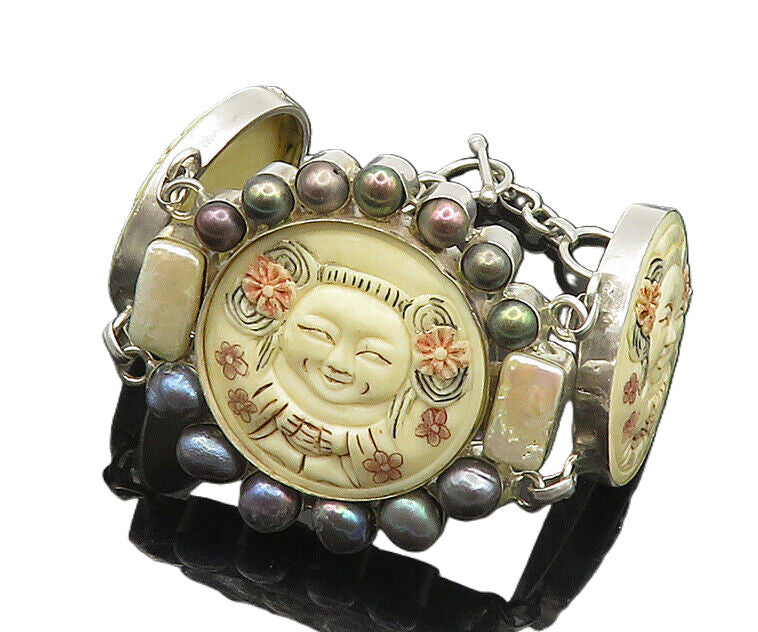 JAPANESE 925 Silver  Vintage Freshwater Pearls Carved Chain Bracelet  BT7508