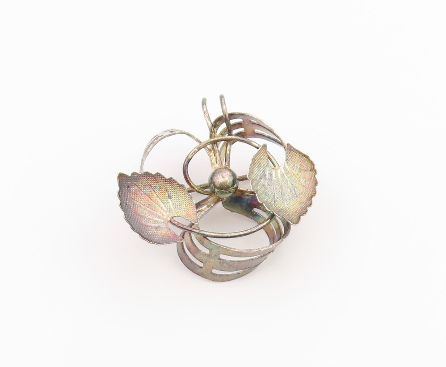 925 Sterling Silver Vintage Brooch Pin Classic Ribbon & Textured Leaf  BP12600