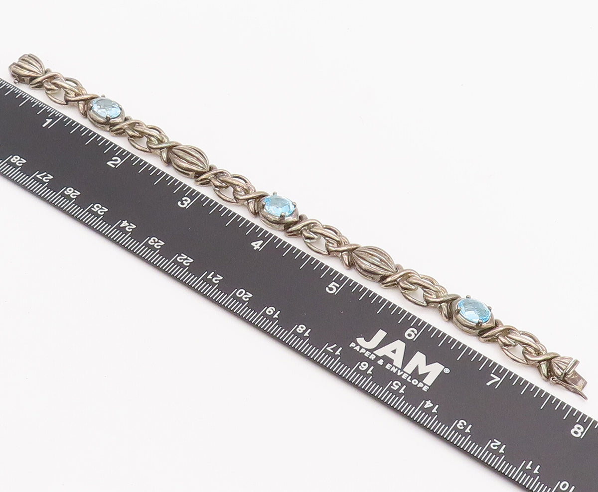 925 Sterling Silver Vintage Bracelet Blue Topaz Carved Knotted Link  BT10208