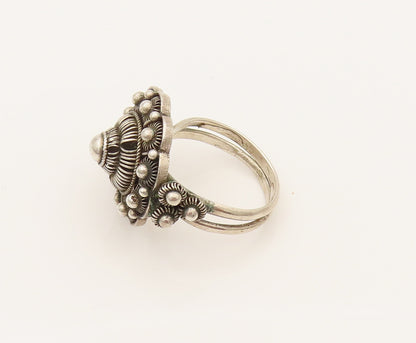 925 Sterling Silver Vintage Beaded & Wire Flower Adjustable Ring Sz 6.5  RG26269