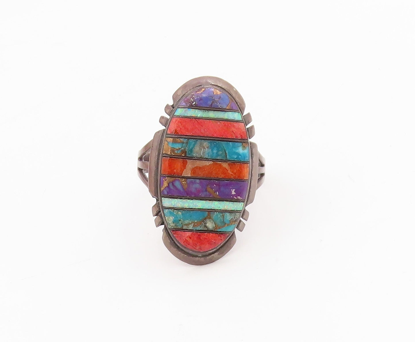 925 Sterling Silver Vintage Ring NAVAJO Multi Gemstone Inlay  Sz 10.5  RG34315