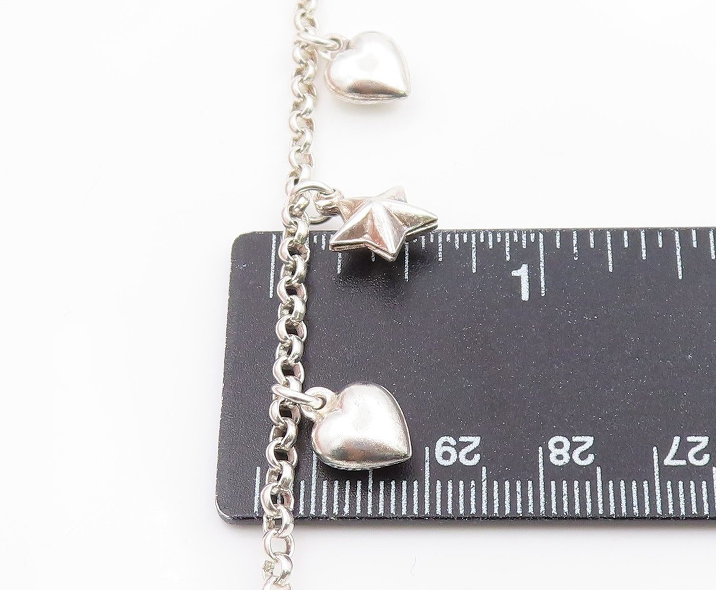 925 Sterling Silver Vintage Bracelet Modernist Love Heart & Star Dangle  BT12047