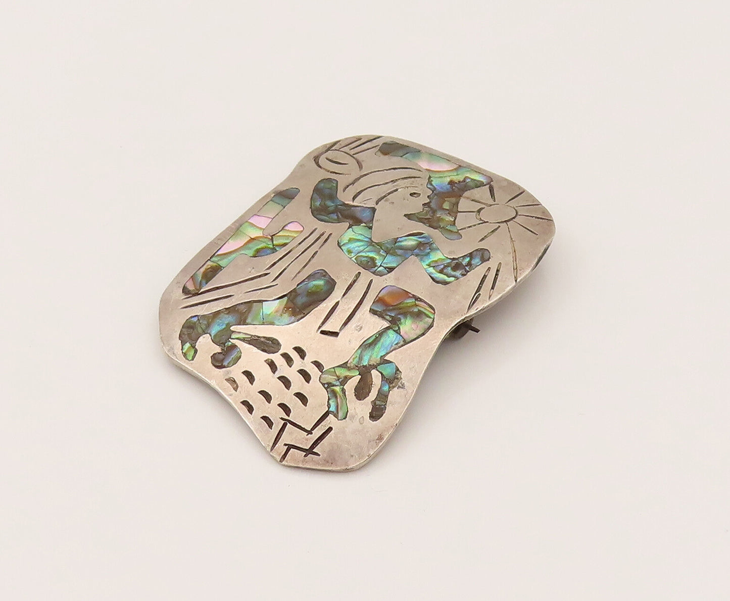 TAXCO 925 Sterling Silver Vintage Etched Background & Abalone Brooch Pin BP10225