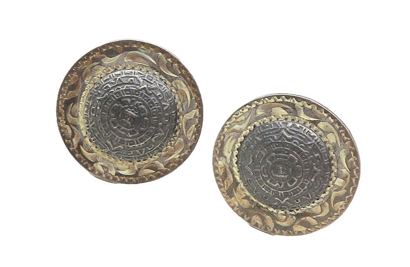 MEXICO 925 Sterling Silver  Vintage Mayan Aztec Sun Calendar Cuff Links TR1706