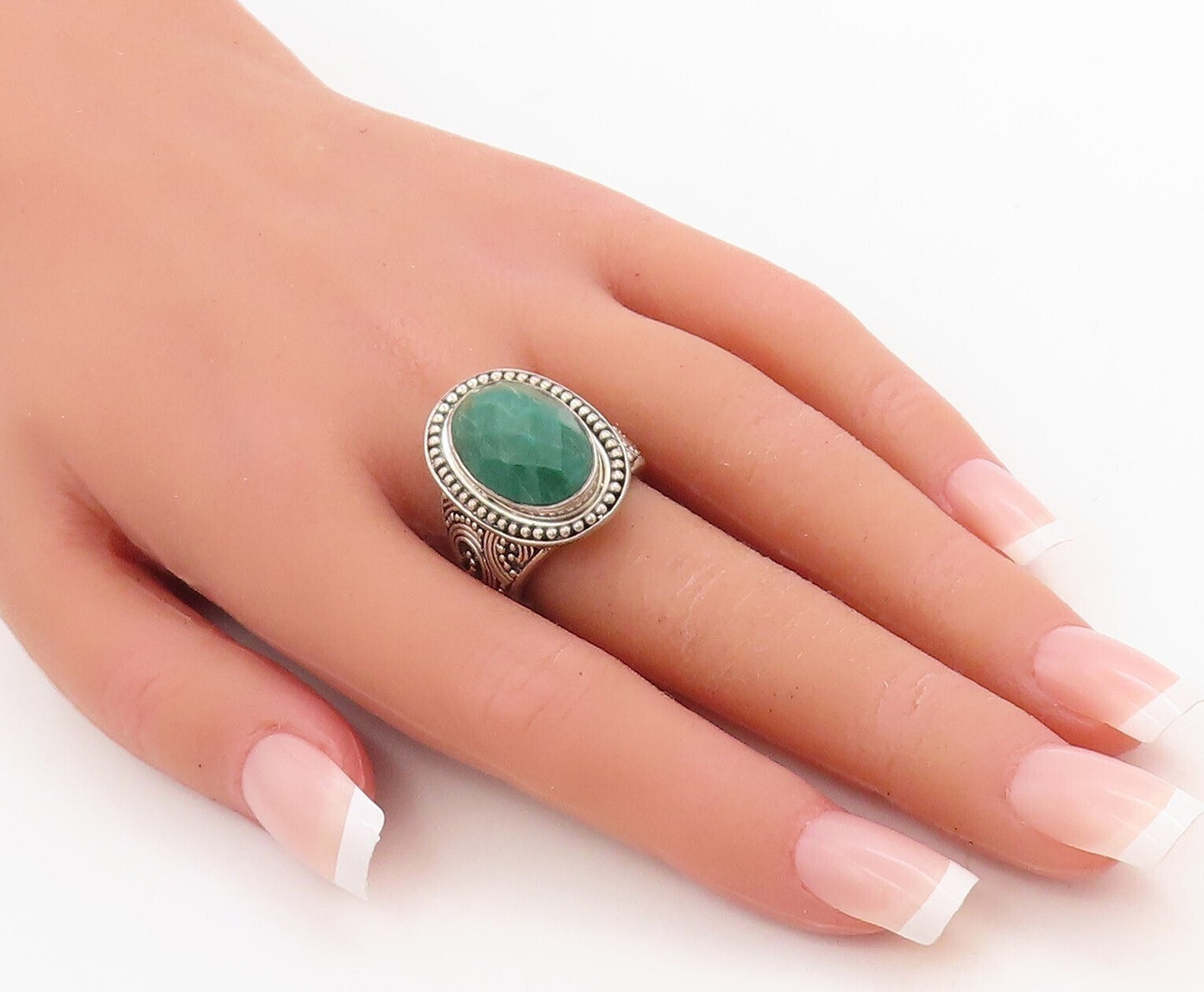 925 Sterling Silver Vintage Ring Swirly Carved Oval Gemstone  Sz 7.5  RG30611