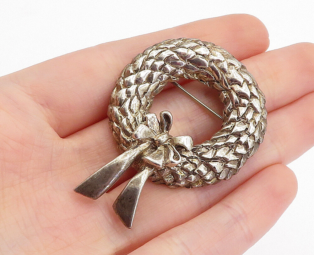 BREAKELL 925 Silver  Vintage Floral Wreath & Ribbon Bow Brooch Pin  BP1712