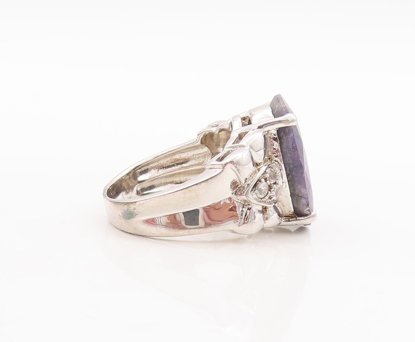925 Sterling Silver Vintage Ring Carved Topaz & Oval Cut Sapphire  Sz 7  RG29844