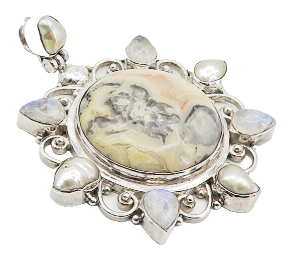 925 Sterling Silver  Vintage Agate Moonstone & Pearls Floral Pendant  PT6457