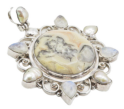 925 Sterling Silver  Vintage Agate Moonstone & Pearls Floral Pendant  PT6457