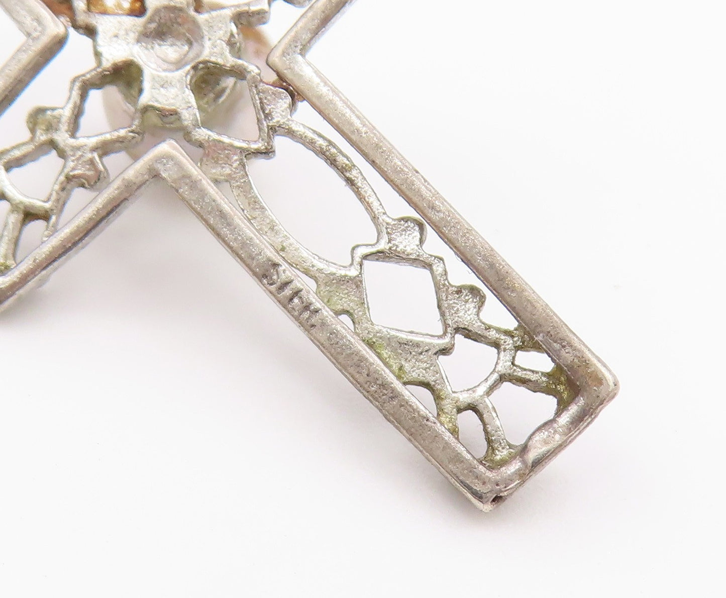 925 Silver  Vintage Openwork Religious Cross Fresh Water Pearl Pendant PT21319