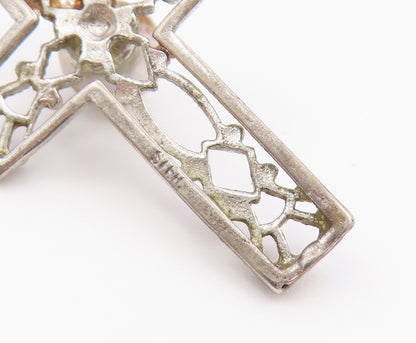 925 Silver  Vintage Openwork Religious Cross Fresh Water Pearl Pendant PT21319