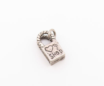 925 Silver  Vintage Engraved Love To Shop & Bow Tote Bag Charm Pendant PT21262