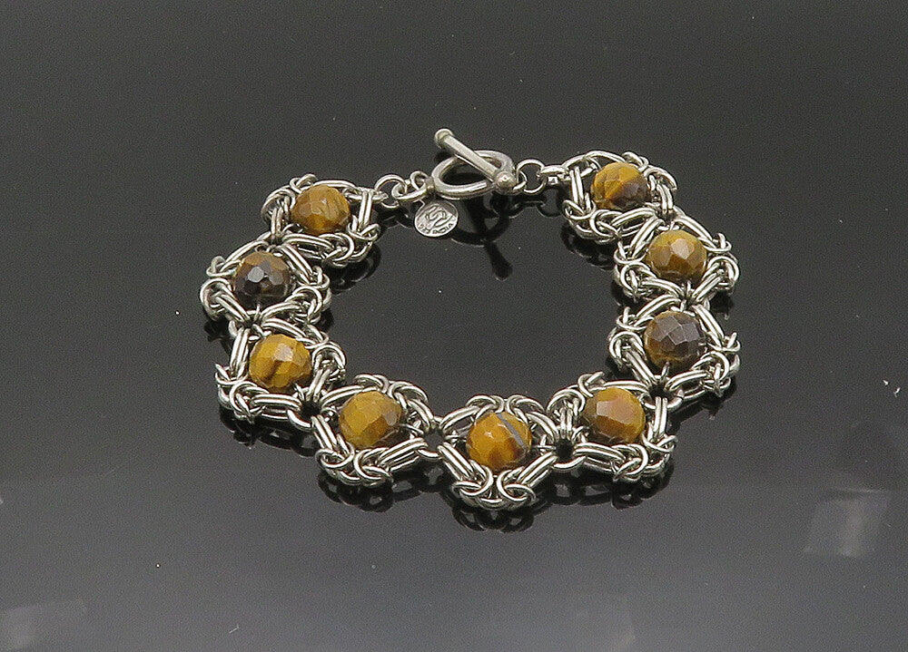 925 Sterling Silver  Vintage Faceted Tiger's Eye Beaded Chain Bracelet  BT8269