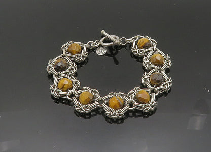 925 Sterling Silver  Vintage Faceted Tiger's Eye Beaded Chain Bracelet  BT8269