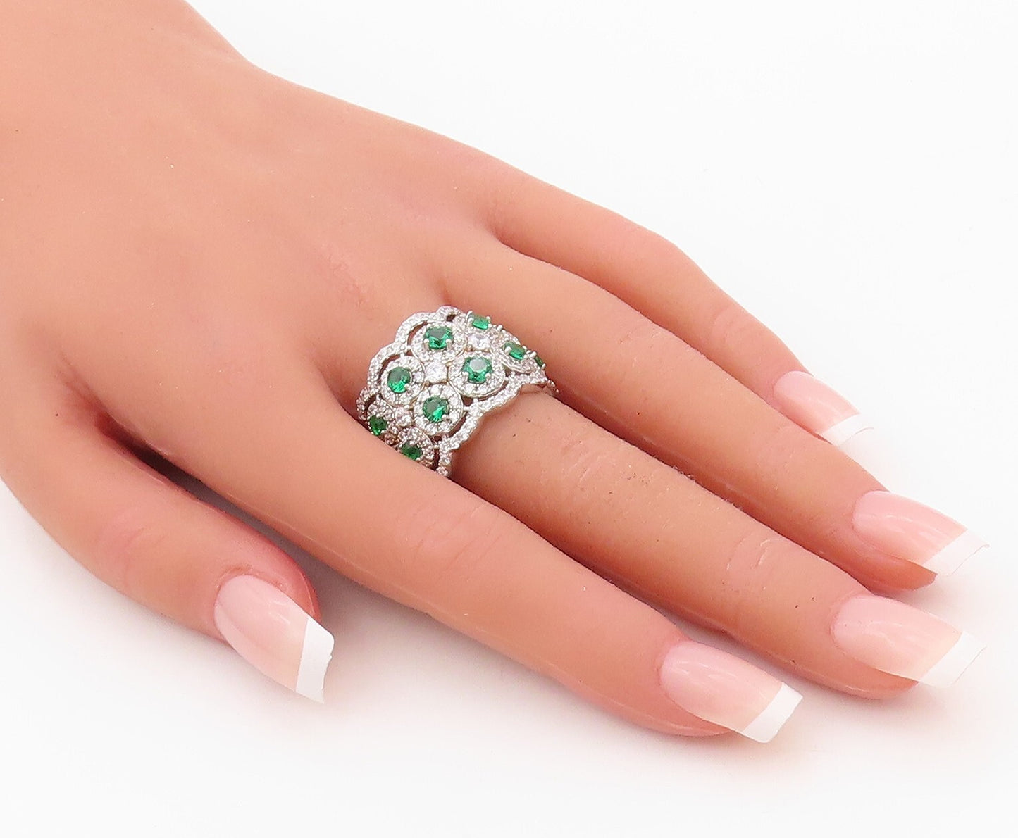 925 Sterling Silver Vintage Ring Round Green Halo White CZ Band  Sz 7  RG30444