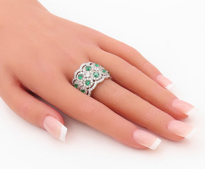 925 Sterling Silver Vintage Ring Round Green Halo White CZ Band  Sz 7  RG30444
