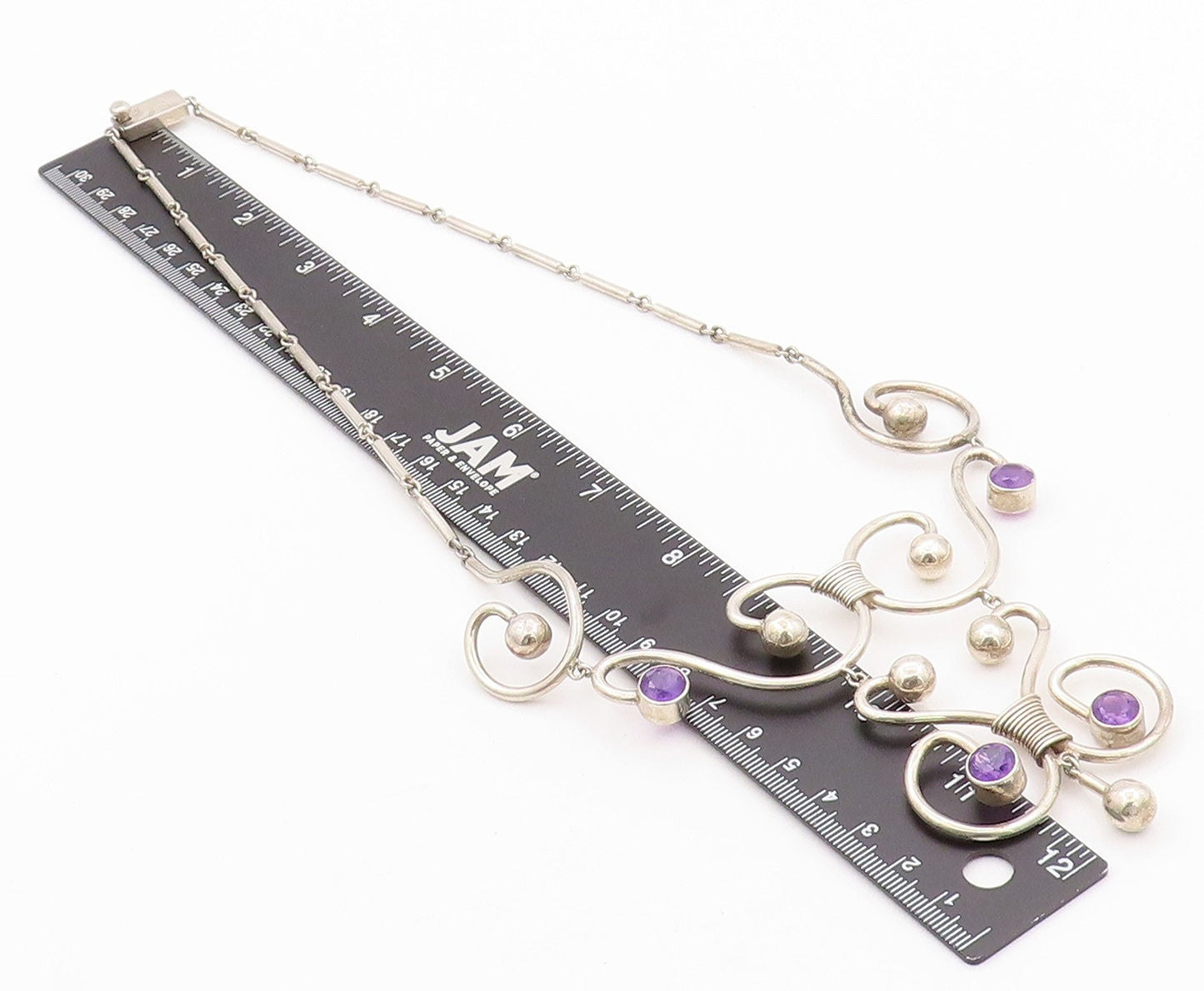 925 Sterling Silver Vintage Necklace MEXICO Amethyst Swirls Cutout  NE4488