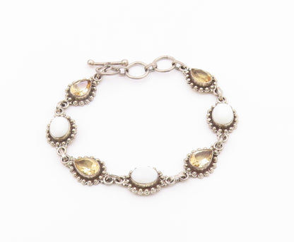925 Sterling Silver  Vintage Citrine & White Agate Chain Bracelet  BT3606
