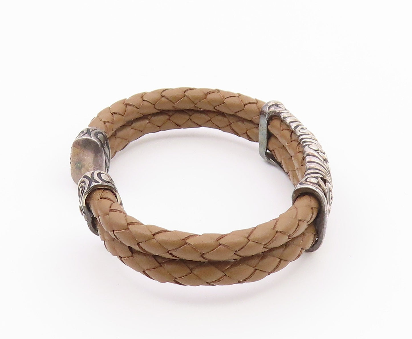 ESPO SIG 925 Silver  Vintage Brass Scroll Detail Leather Cuff Bracelet  BT9391