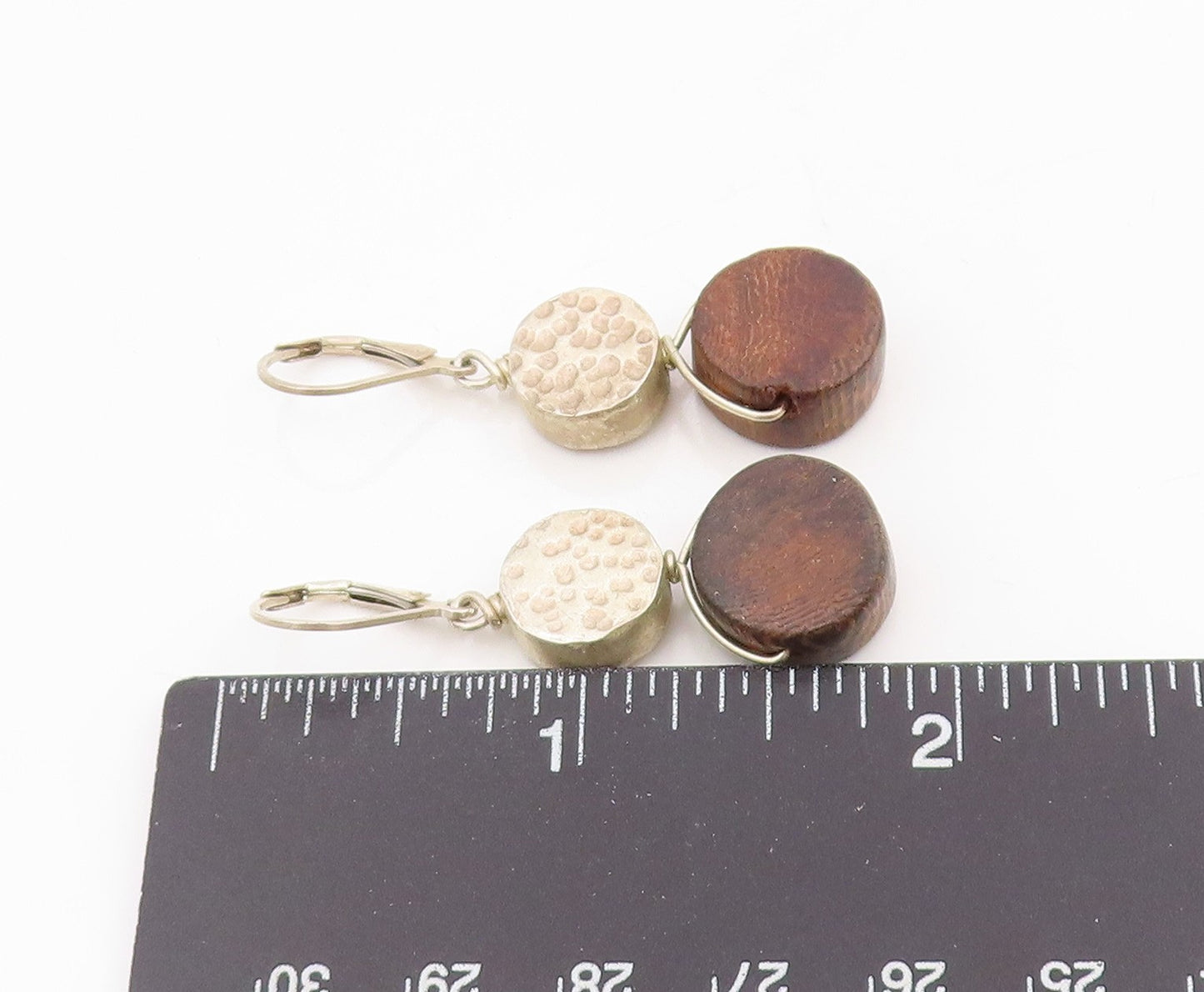 925 Sterling Silver Vintage Earrings Modernist Geometric Wood Dangles  EG13810