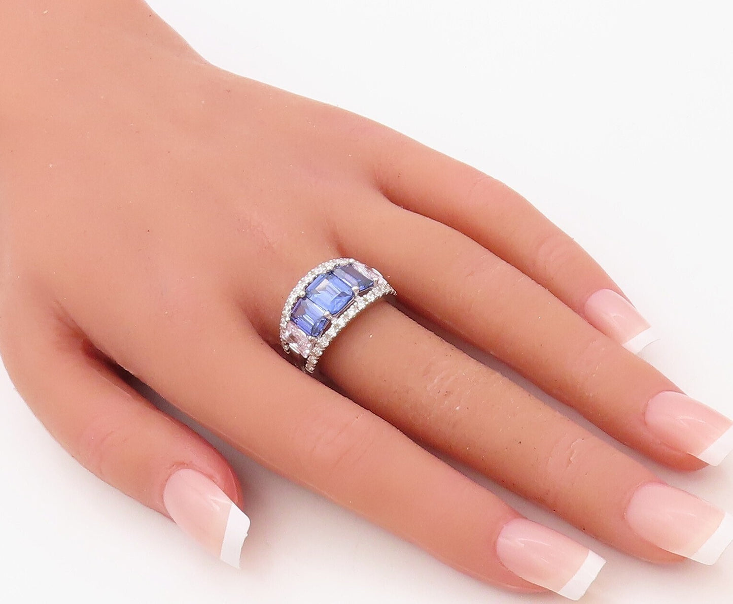925 Sterling Silver Vintage Ring Rectangle Sapphire Halo Topaz  Sz 7 RG30603