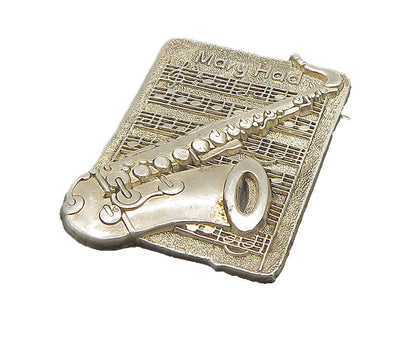 DESIGNER 925 Silver  Vintage Saxophone & Sheet Music Motif Brooch Pin  BP9145