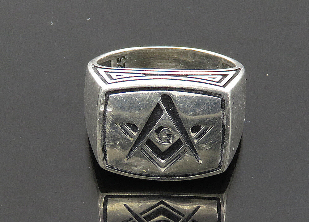 925 Sterling Silver  Vintage Freemason Symbol Square Band Ring Sz 10  RG21760