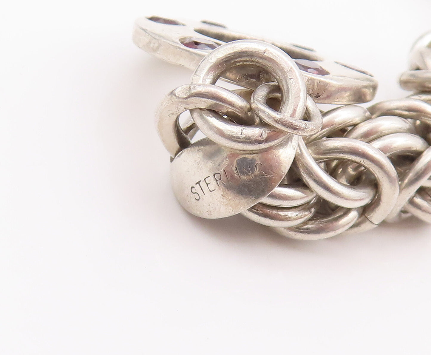 925 Sterling Silver Vintage Bracelet Byzantine Chain Garnet Toggle Lock  BT10508