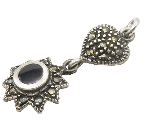 925 Sterling Silver  Vintage Black Onyx & Marcasite Floral Pendant  PT13525