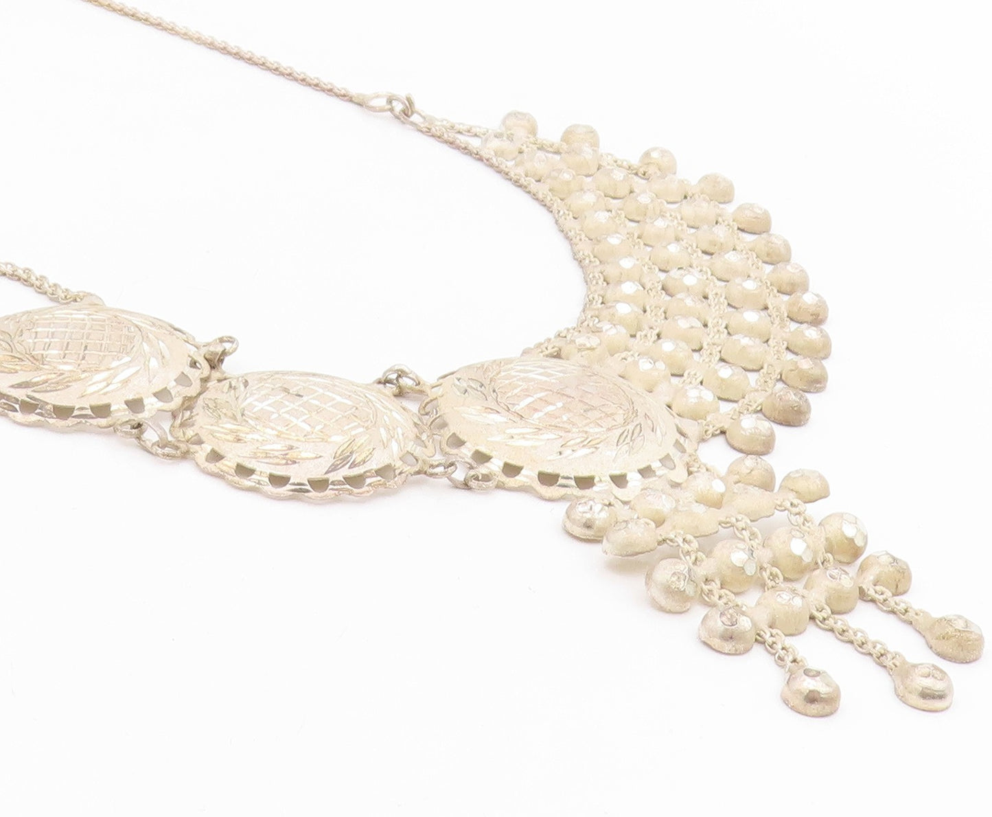 925 Sterling Silver Vintage Necklace Intricate Etched Droplet Choker  NE4738