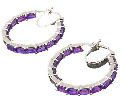 925 Sterling Silver  Vintage Prong Set Amethyst Shiny Hoop Earrings  EG10928