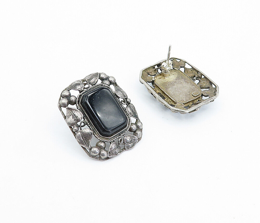 925 Sterling Silver  Vintage Black Onyx Floral Border Drop Earrings  EG2081