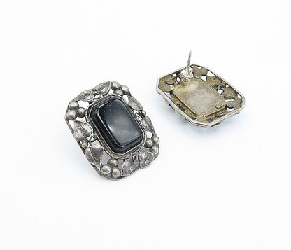 925 Sterling Silver  Vintage Black Onyx Floral Border Drop Earrings  EG2081