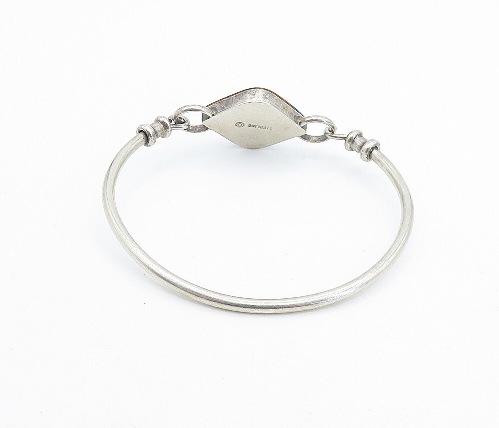 925 Sterling Silver  Vintage Brown Jasper Round Hook Bangle Bracelet  BT3168
