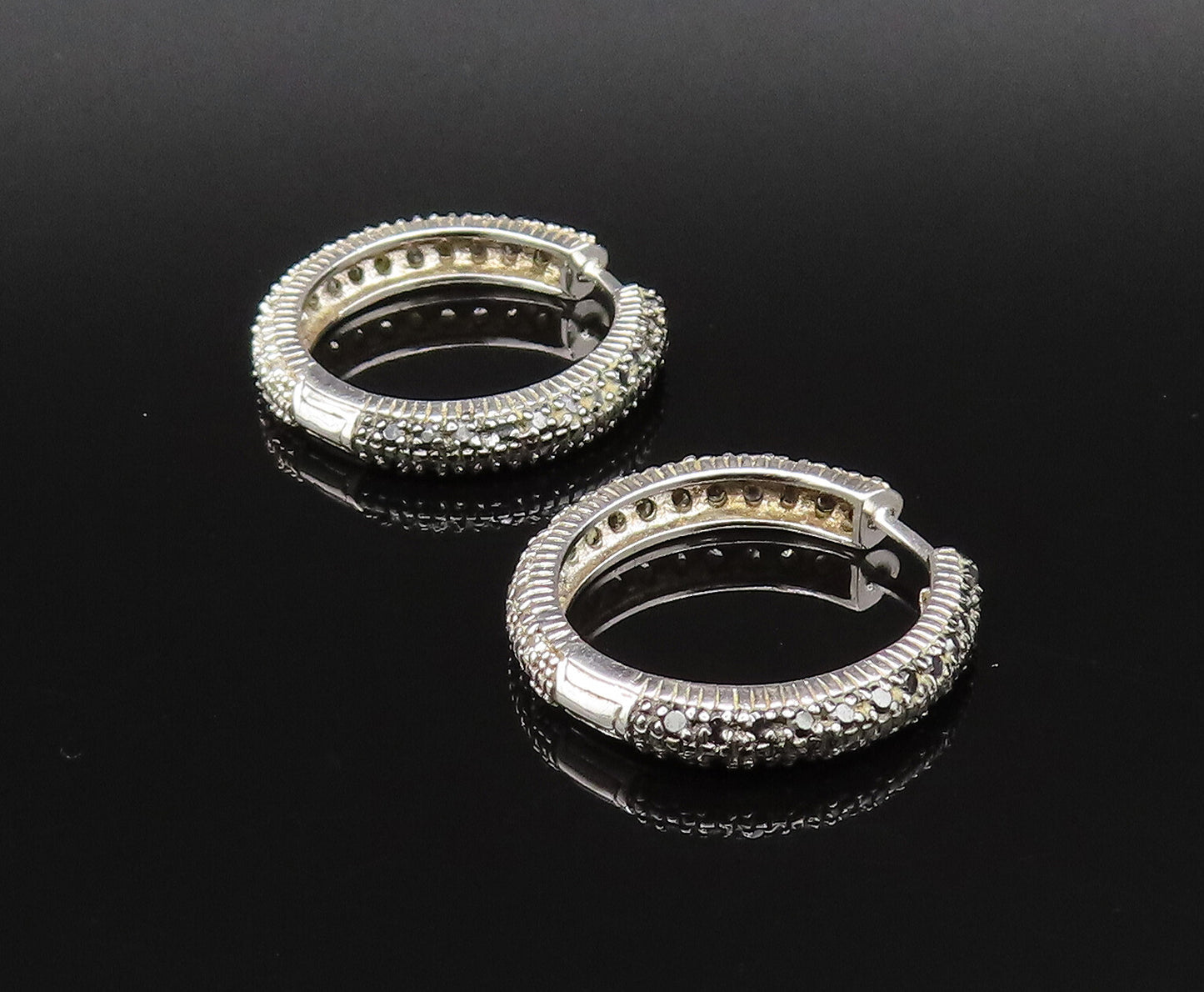925 Silver  Vintage Black & White Genuine Diamonds Hoop Earrings  EG12069