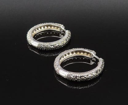 925 Silver  Vintage Black & White Genuine Diamonds Hoop Earrings  EG12069