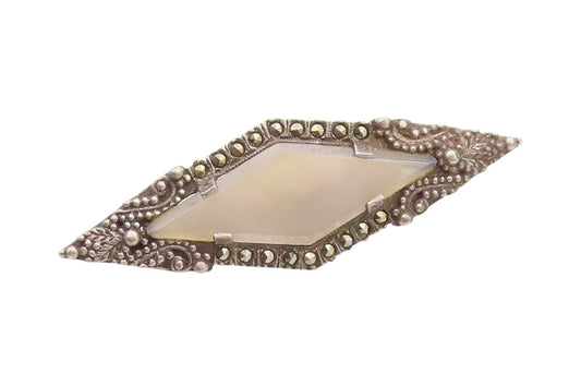 925 Sterling Silver Vintage Brooch Gemstone & Marcasite Dotted Swirls  BP11799