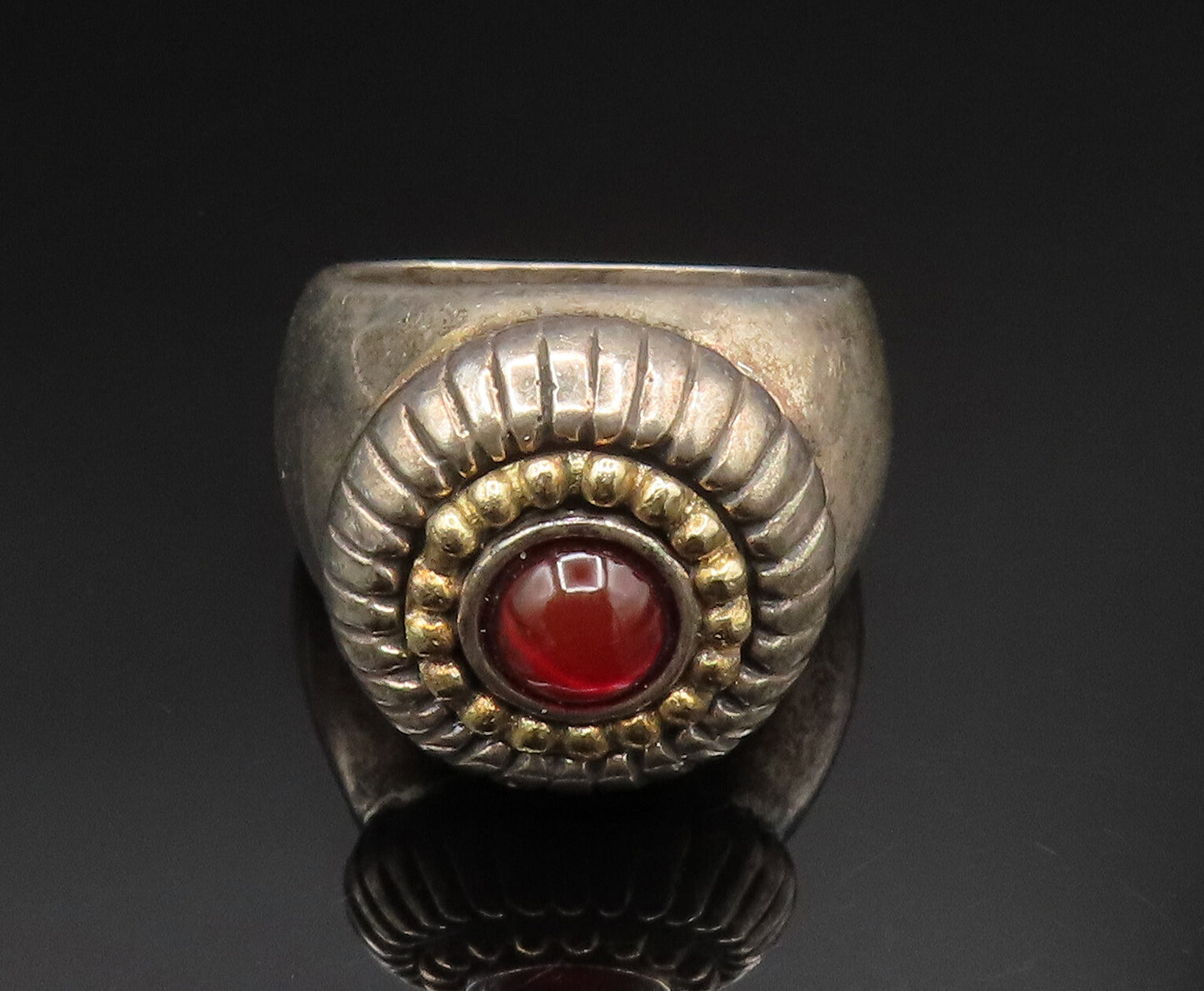 14K GOLD & 925 Silver  Vintage Carnelian Etched Flower Dome Ring Sz 7  RG24578