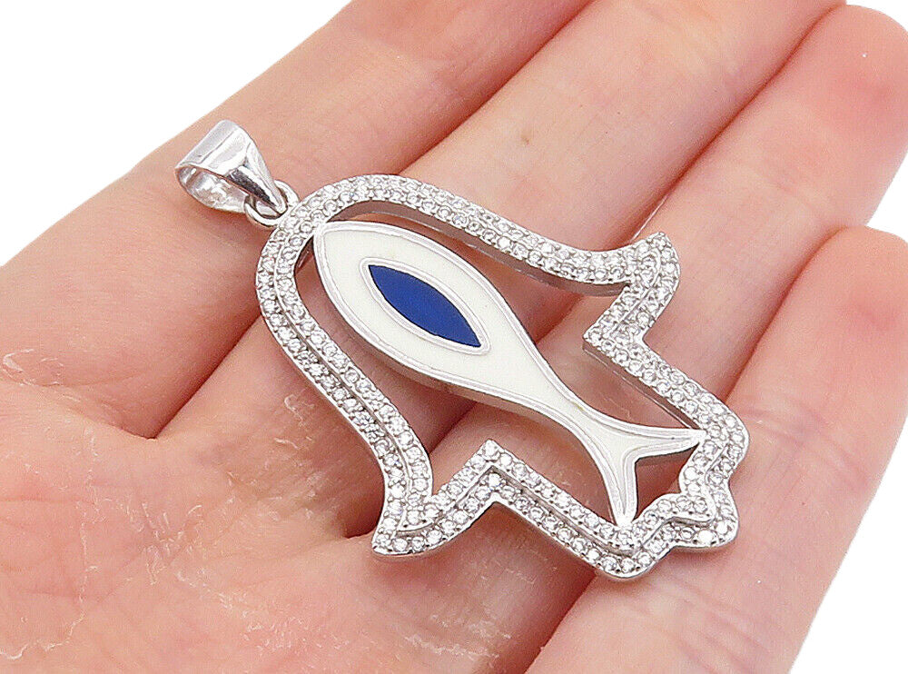 925 Sterling Silver  Sparkling Cubic Zirconia & Enamel Hamsa Pendant  PT6100