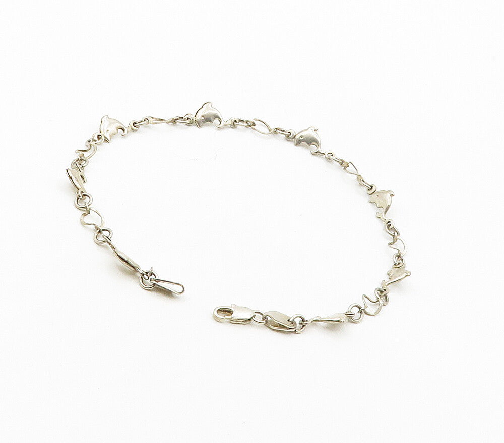 925 Sterling Silver  Vintage Shiny Petite Dolphin Motif Chain Bracelet  BT6359