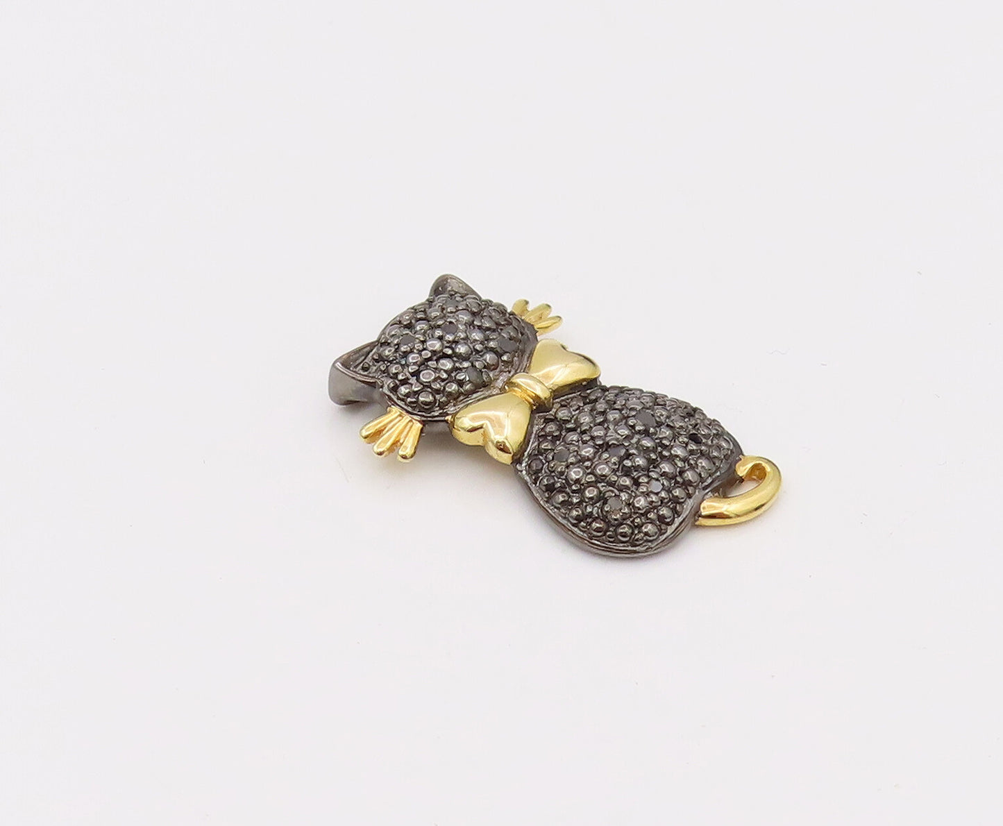 925 Sterling Silver  Vintage Black Diamond Two Tone Kitten Pendant  PT22195