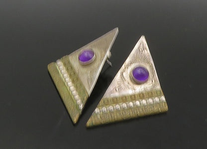 925 Sterling Silver Vintage Amethyst Two Tone NAVAJO  Drop Earrings  EG11168