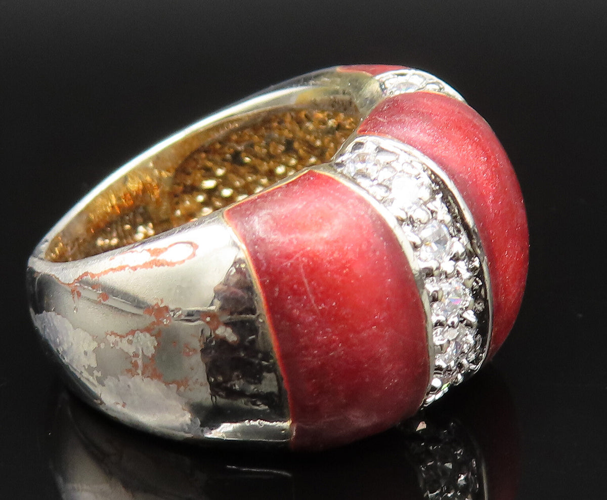 925 Sterling Silver  Vintage Enamel & Cubic Zirconia Dome Ring Sz 5  RG25379